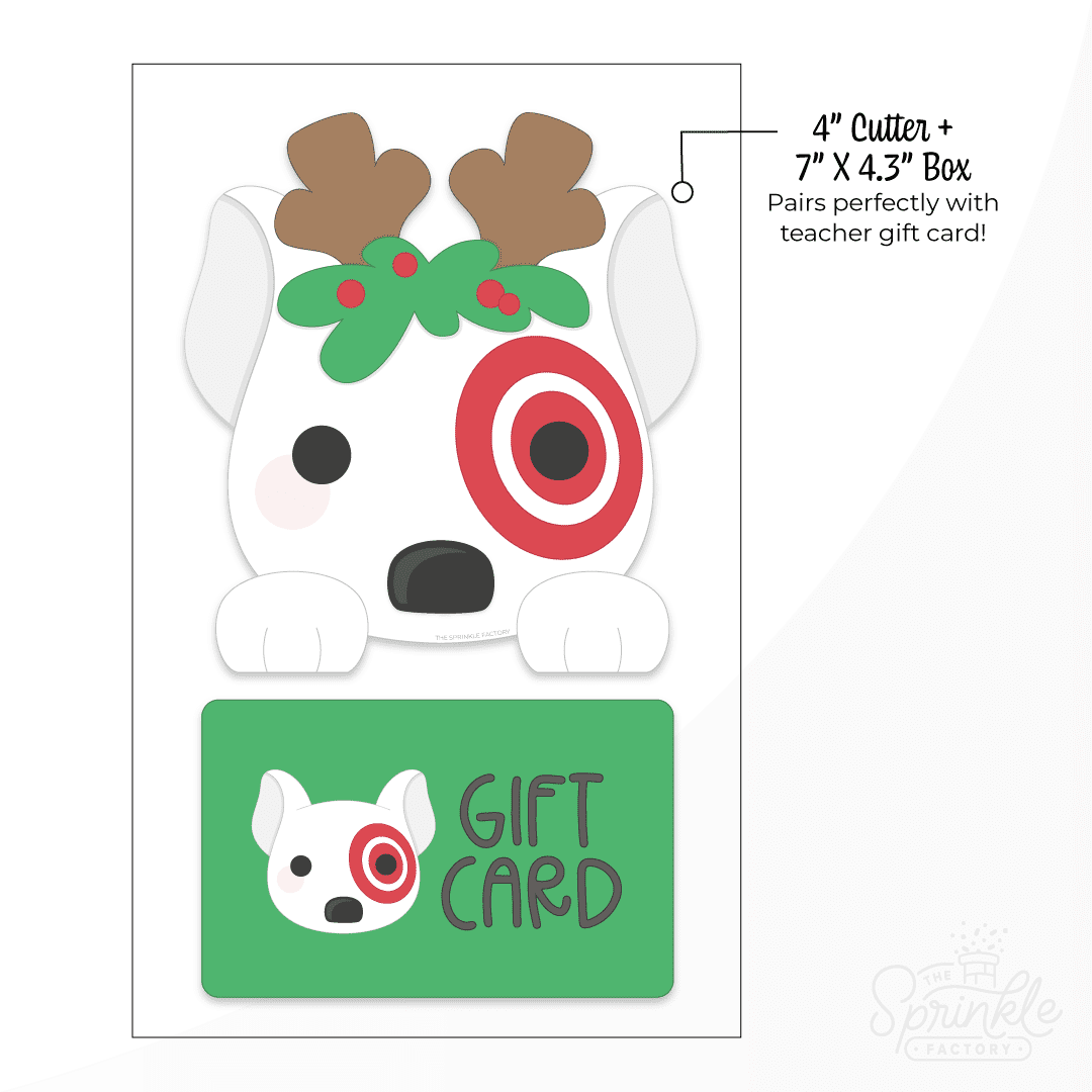 Clipart of a white puppy with brown antler ears and a red ring around his right eye with greenery below his antlers on his head with a green gift card below.