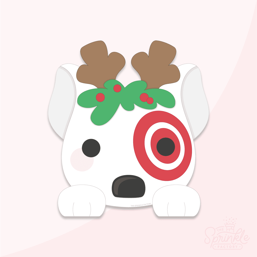Clipart of a white puppy with brown antler ears and a red ring around his right eye with greenery below his antlers on his head.