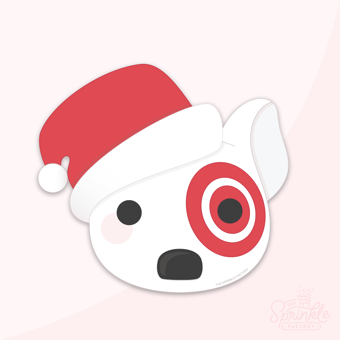 Clipart of a white dog head with a black nose and red rings around his right eye wearing a red santa hat.