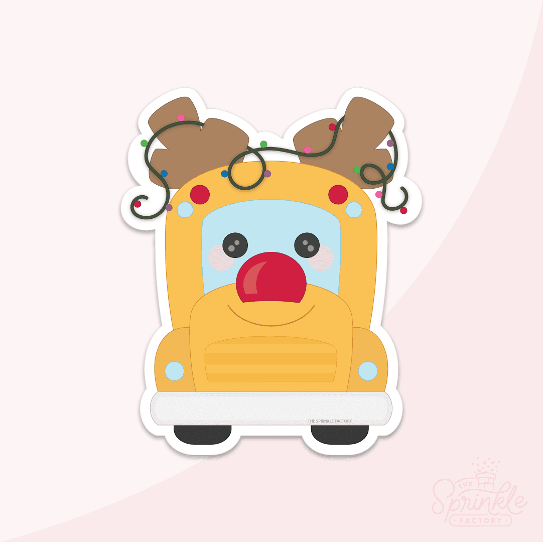 Clipart of a yellow school bus with a red Rudolph nose and brown antlers strung with Christmas lights.