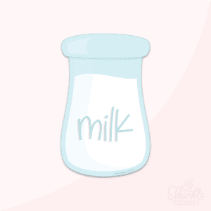 Clipart of a blue glass milk bottle with white milk in it with the word MILK on it in blue.