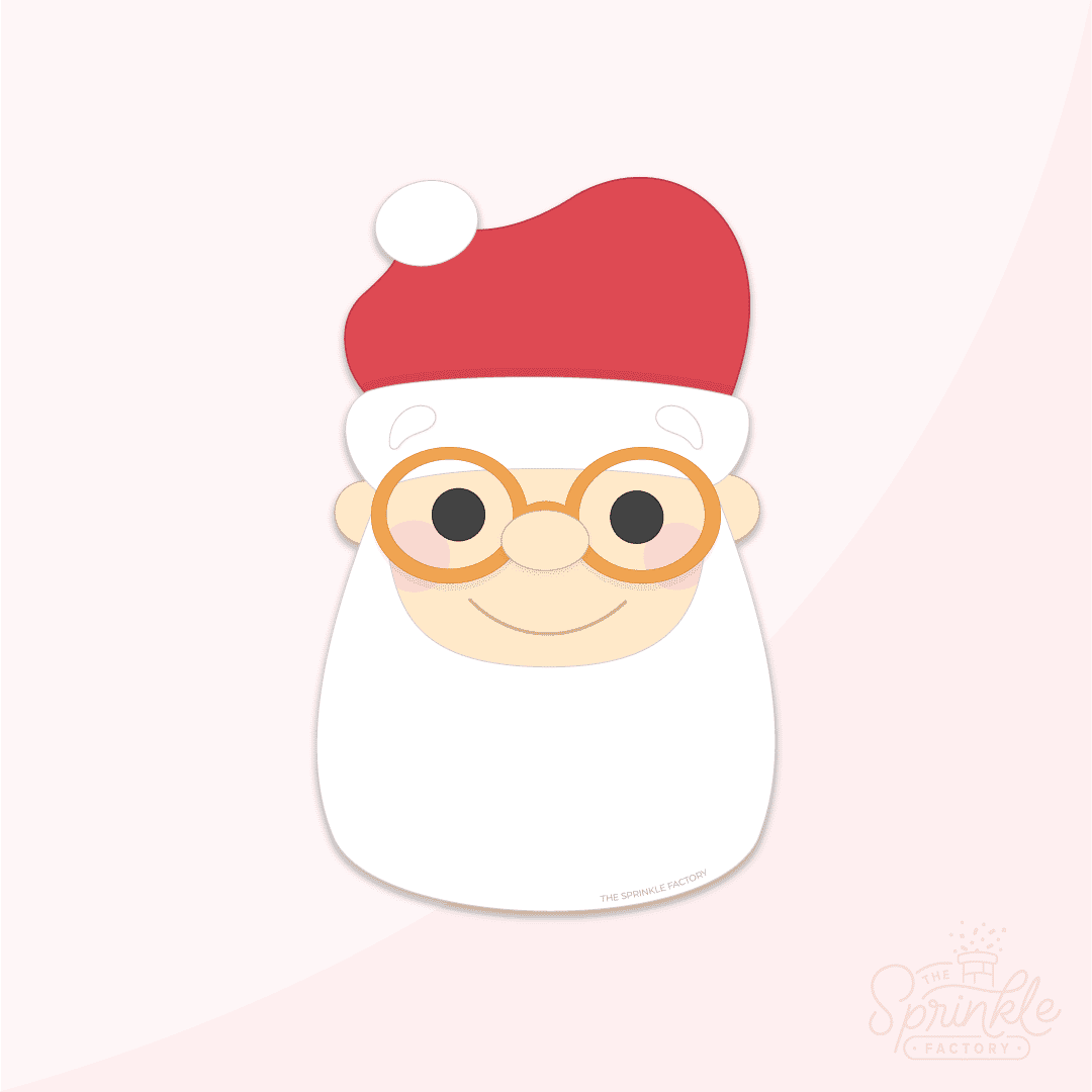 Clipart of a santa face with a white beard wearing gold glasses and a red hat.