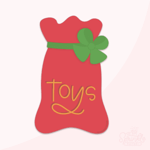 Clipart of a red santa sac with a green bow and the word toys in yellow.