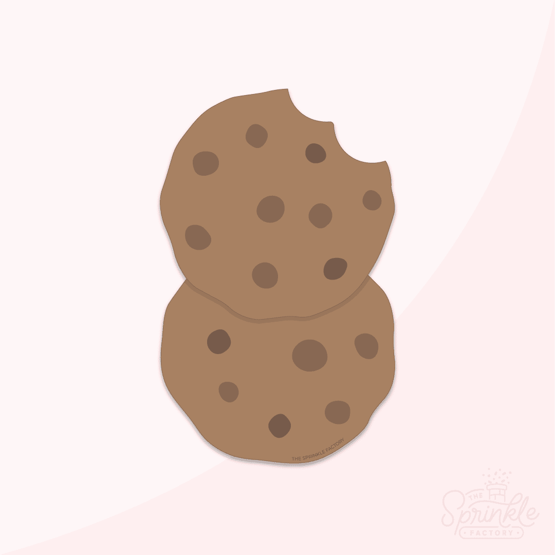 Clipart of a stack of 2 brown chocolate chip cookies with a bite taken out of the top one.