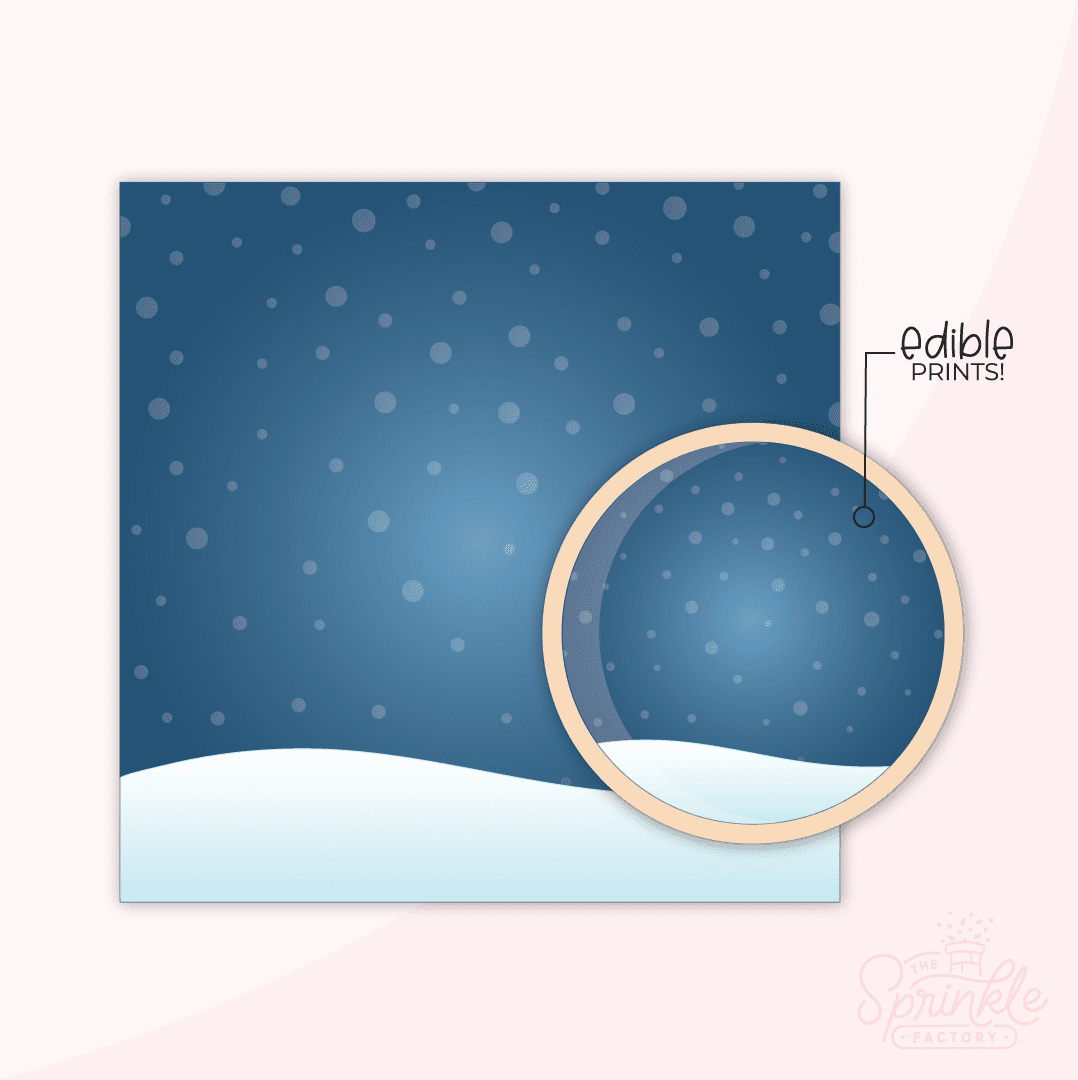 Clipart of snow falling on a dark blue sky with light blue and white snow at the bottom.