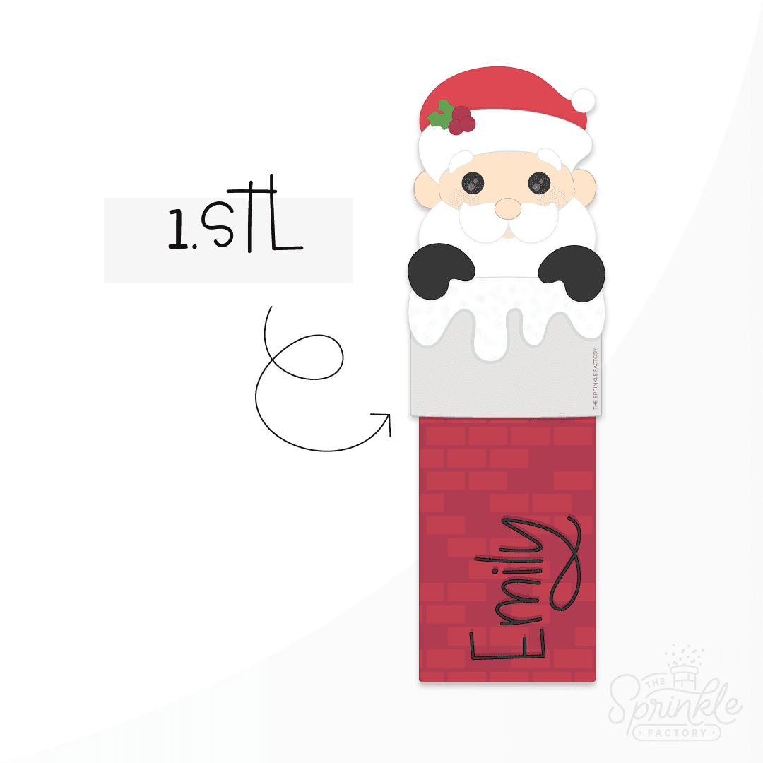 Clipart of santa with a red hat, white beard and black gloves peaking out of a tall red brick chimney.