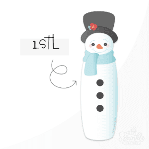 Clipart of a tall white snowman with 3 black buttons, black top with red flower and blue scarf.