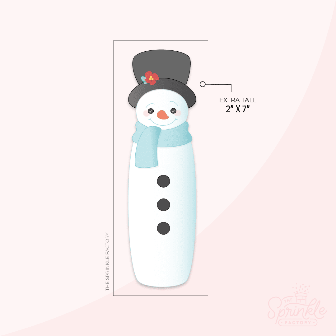 Clipart of a tall white snowman with 3 black buttons, black top with red flower and blue scarf.