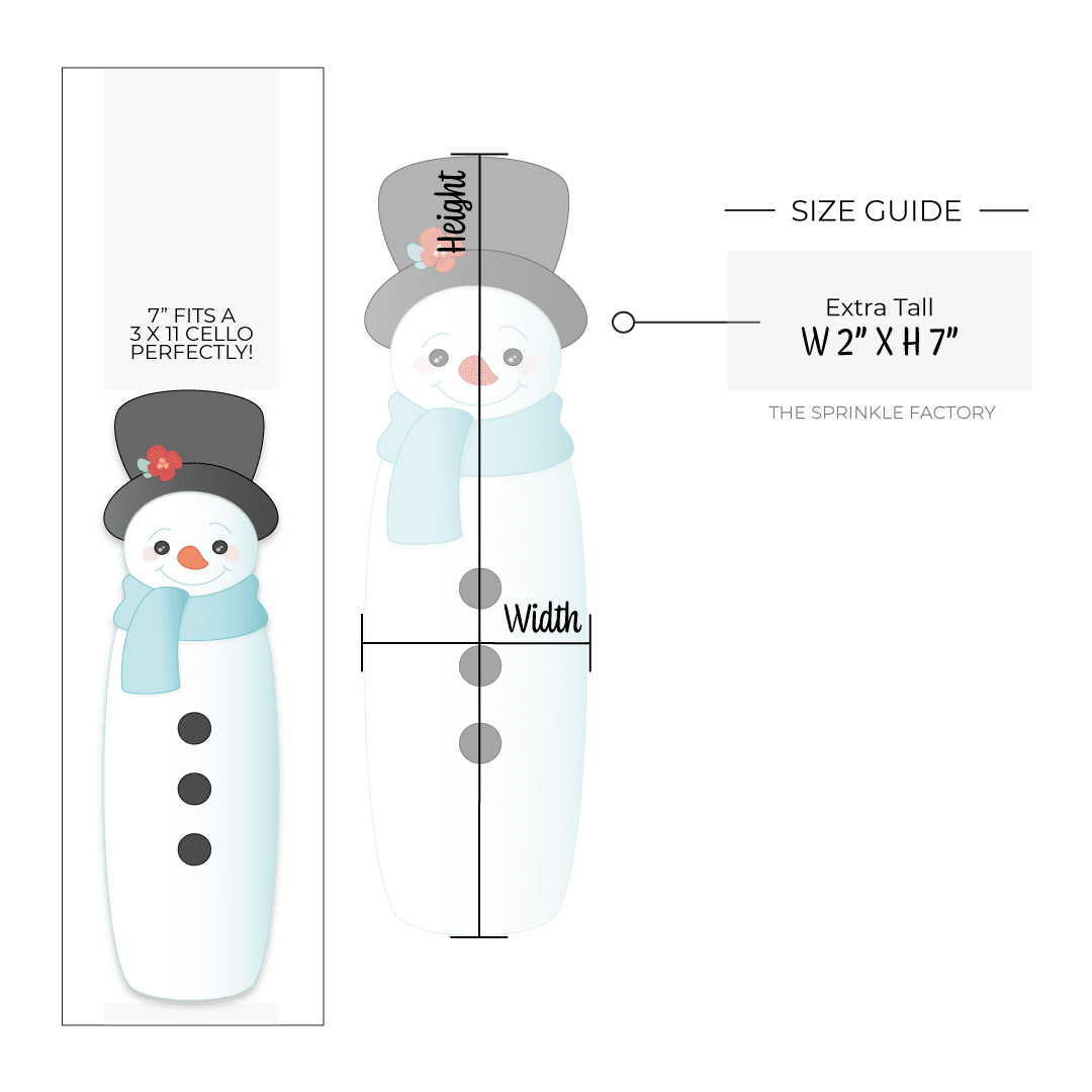 Clipart of a tall white snowman with 3 black buttons, black top with red flower and blue scarf and size guide.