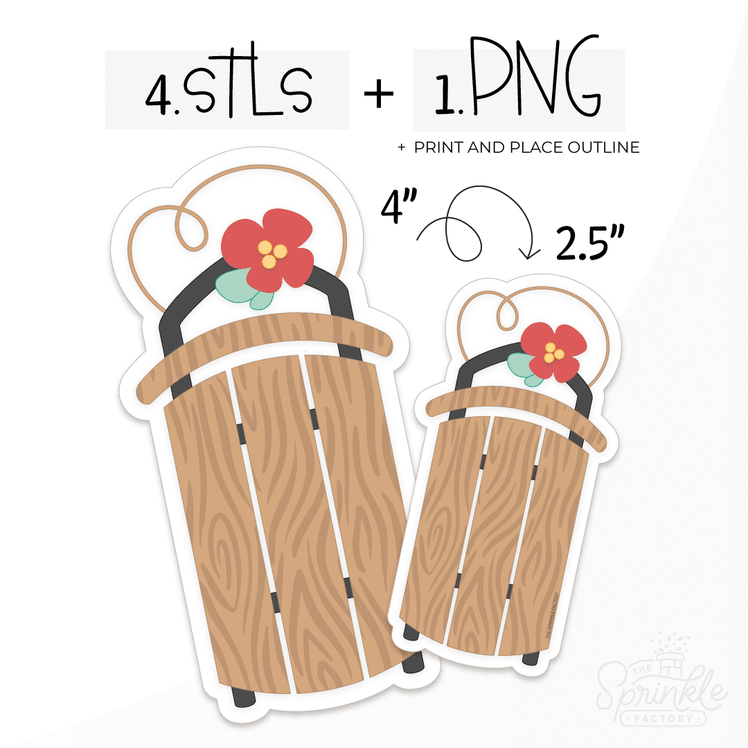 Clipart of a brown wooden sled with black runners, red flower and brown rope.