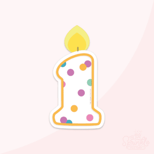 Graphic image of a confetti 1 Birthday candle with flame and a pink background.