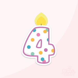 Graphic image of a confetti 4 Birthday candle with flame and a pink background.