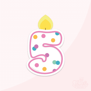Graphic image of a confetti 5 Birthday candle with flame and a pink background.