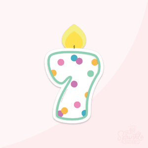 Graphic image of a confetti 7 Birthday candle with flame and a pink background.