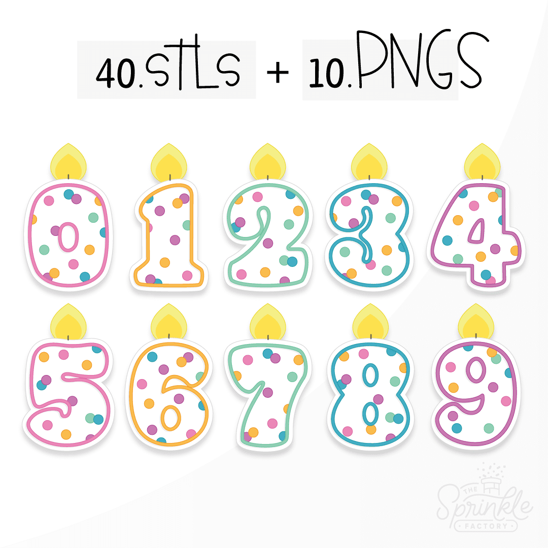 Clipart of 10 white birthday number candles from 0 to 9 with a yellow flame and polka dots.
