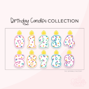 Clipart of 10 white birthday number candles from 0 to 9 with a yellow flame and polka dots.