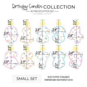 Clipart of 10 white birthday number candles from 0 to 9 with a yellow flame and polka dots with size guide.