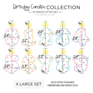 Clipart of 10 white birthday number candles from 0 to 9 with a yellow flame and polka dots with size guide.
