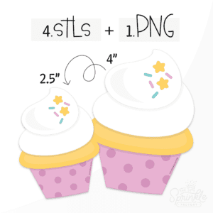 Graphic image of two vanilla cupcake with a pink wrapper and sprinkles with product text above.