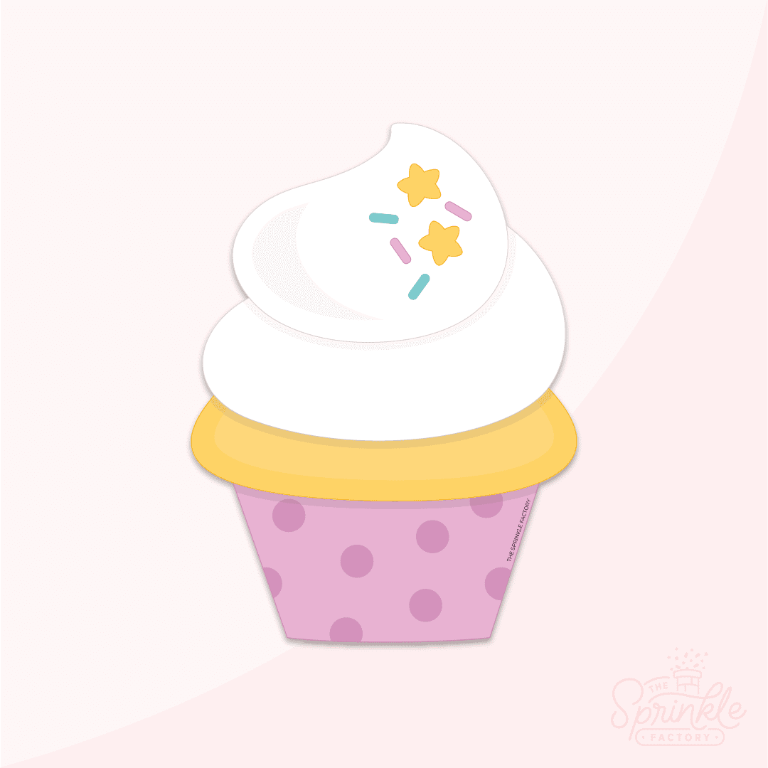 Graphic image of a vanilla cupcake with a pink wrapper and sprinkles with a pink background.