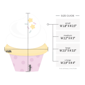 Graphic image of a vanilla cupcake with a pink wrapper and sprinkles with 4 sizes listed to the right.