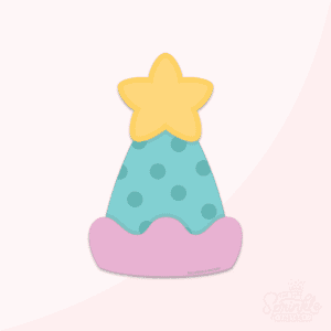 Graphic image of a pink/blue birthday hat with a star on top on a pink background.