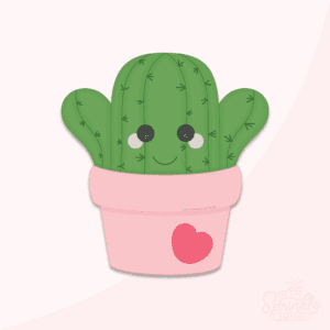 Digital image of a happy green cactus in a light pink pot a dark pink heart on it.