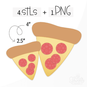Graphic image of two chubby pizza slices with product text at the top.