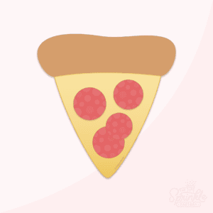 Graphic image of a chubby pizza slice on a pink background.