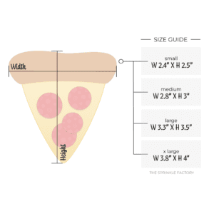 Graphic image of a chubby pizza slice with 4 sizes listed to the right.