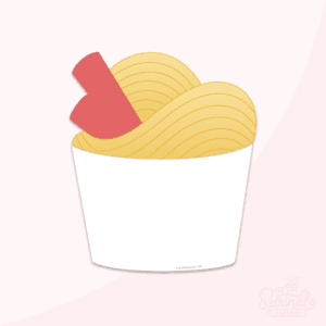 Graphic image of a cup of ramen with red chopsticks on a pink background.