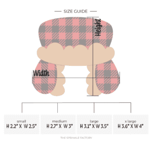 Clipart of a red and black buffalo check plaid hat with brown fur and size guide.