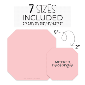 Graphic image of a mitered rectangle and 7 sizes listed on top.