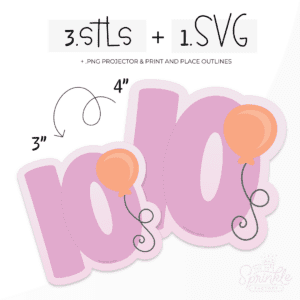 Graphic image of two number 10 balloons with balloons on the side and product text at the top.