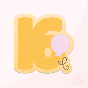 Graphic image of a number 16 balloon with a balloon on the side on a pink background.