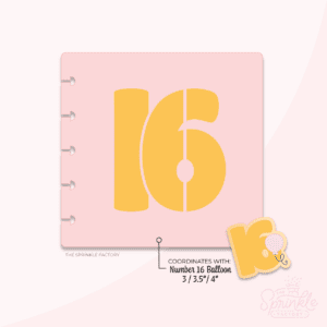 Clipart of a pink stencil with a yellow 16 stencil in the middle with the image of the number 16 balloon cutter in the bottom corner.