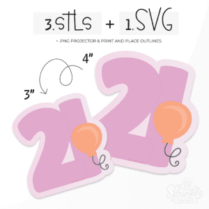 Graphic image of two number 21 balloons with balloons on the side and product text on the top.