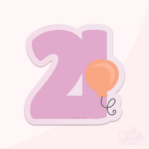 Graphic image of a number 21 balloon with a balloon on the side on a pink background.