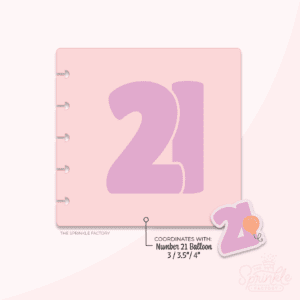 Clipart of a pink stencil with a purple 21 stencil in the middle with the image of the number 21 balloon cutter in the bottom corner.