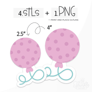 Graphic image of two round pink balloon with a blue string and product text above.