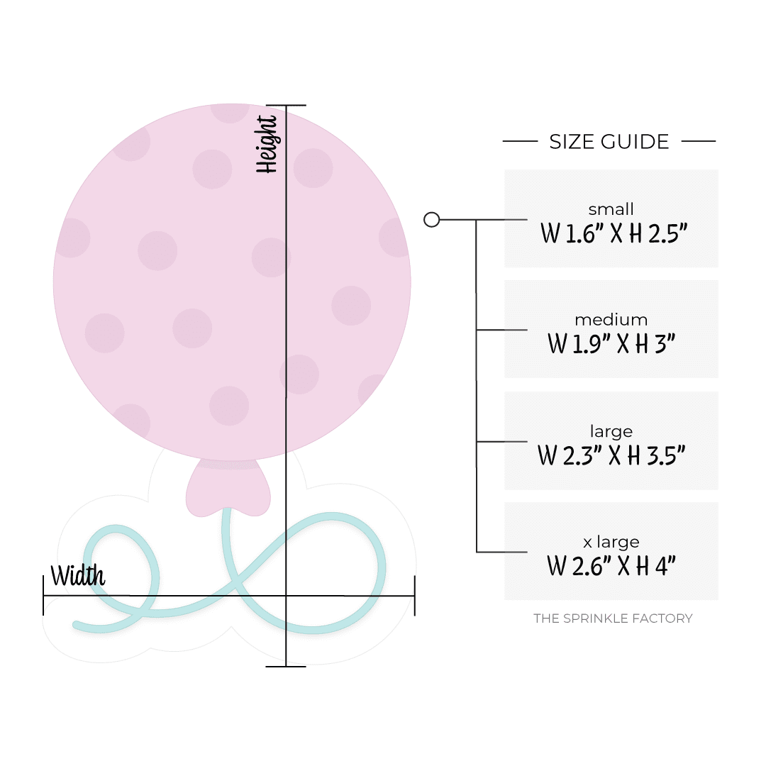 Graphic image of a round pink balloon with a blue string with 4 sizes listed to the right.