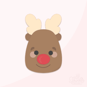 Clipart of a brown reindeer face with a red nose and beige antlers.