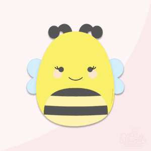Clipart of yellow bee with black strips on its belly, blue wings and black antenna.