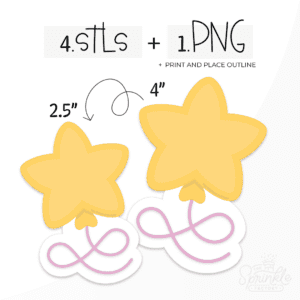 Graphic image of two yellow star shaped balloons with pink strings and product text above.