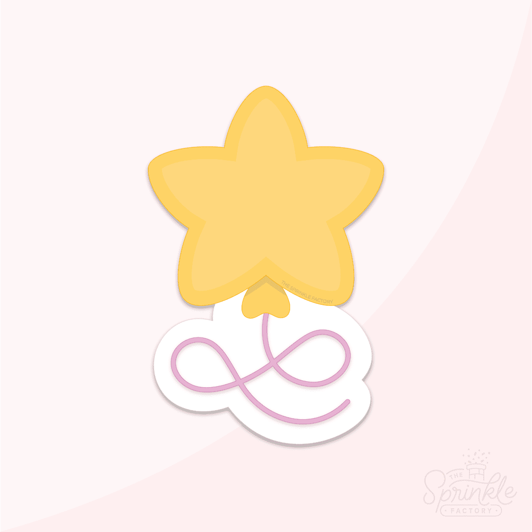 Graphic image of a yellow star shaped balloon with a pink string and a pink background.
