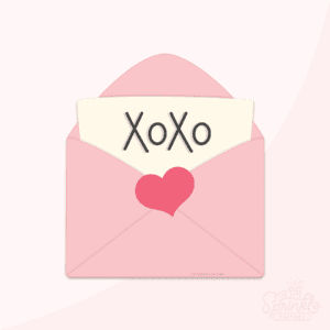 Clipart of an open pink envelope with a red heart and a cream colored paper sticking out with XOXO on it in black.
