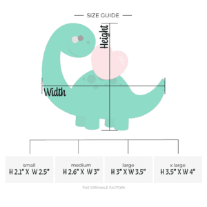 Digital image of a green longneck dinosaur with a pink heart on his back and size guide.
