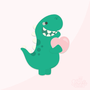 Clipart of a green trex dinosaur with white spikes holding a pink heart.