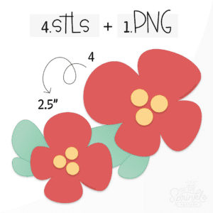 Clipart of a red 4 petal flower with 3 yellow dots in the center and 2 green leaves.