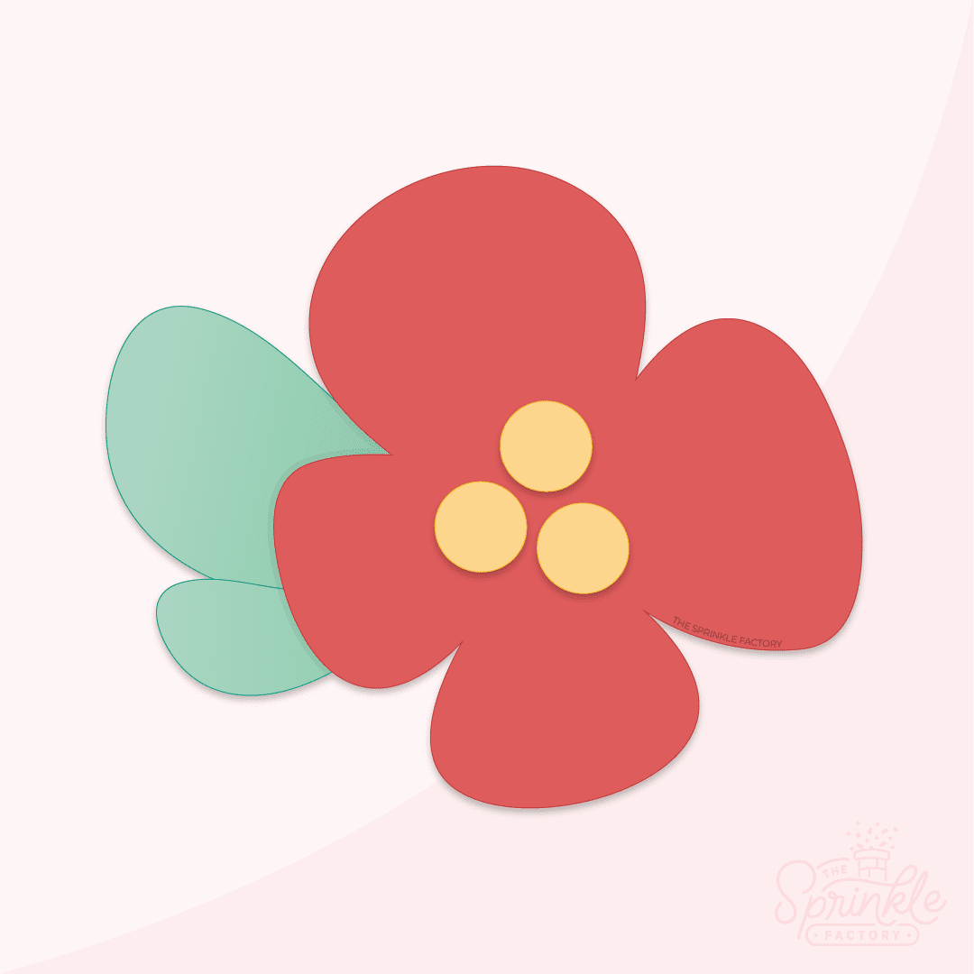 Clipart of a red 4 petal flower with 3 yellow dots in the center and 2 green leaves.